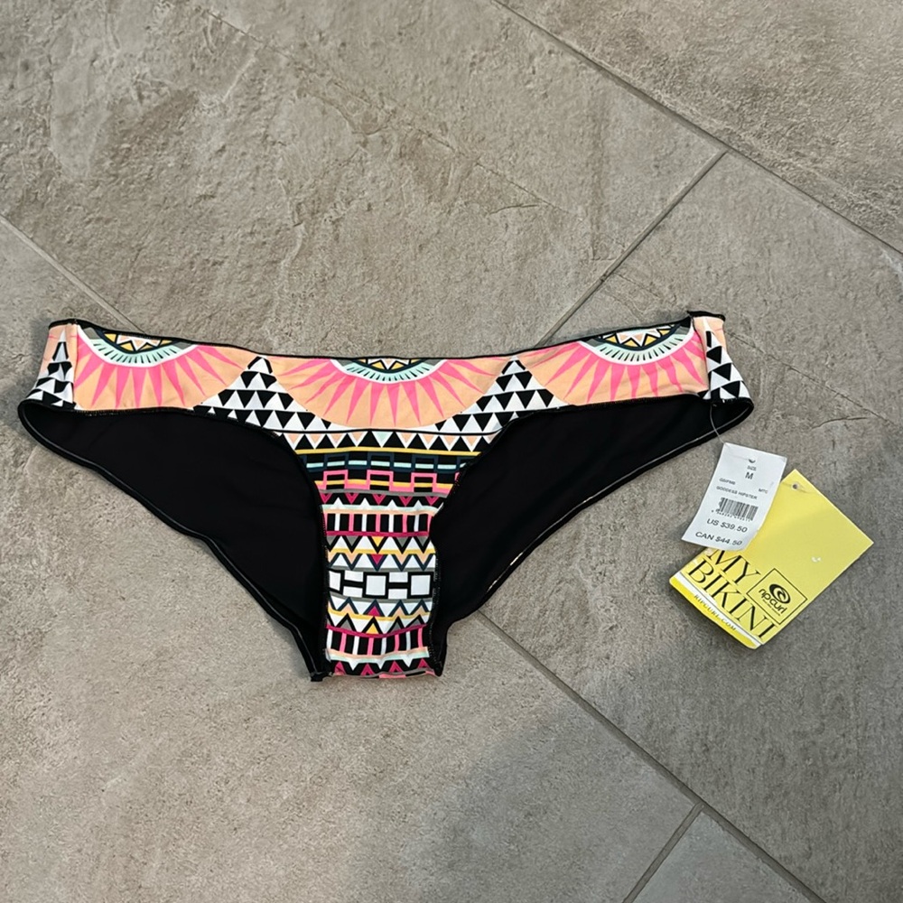 Women’s Hipster Bikini Bottom - Black with Neon Aztec Print